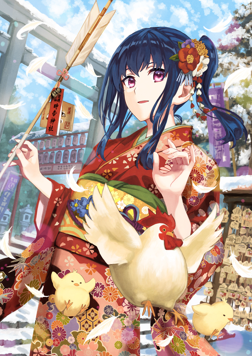 agetake arrow bangs bird blue_hair chick chicken chinese_zodiac commentary_request day ema feathers floral_print flower furisode hair_ornament hamaya hands_up happy_new_year highres holding_arrow japanese_clothes kanzashi kimono long_hair looking_at_viewer new_year obi original outdoors parted_lips pink_eyes purple_flower red_flower red_kimono sash shrine side_ponytail smile snow solo stone_torii torii upper_body wide_sleeves year_of_the_rooster yellow_flower