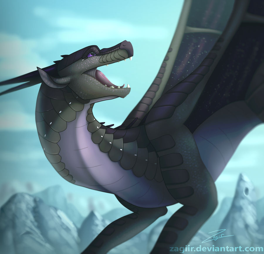 cloud digital_media_(artwork) dragon english_text grey_scales membranous_wings mountain open_mouth purple_eyes scales signature sky smile snow teeth text tongue watermark wings zagiir