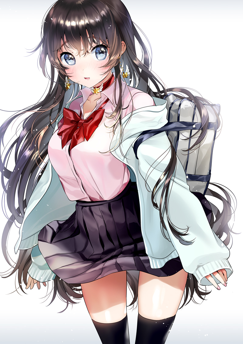 bag bangs black_legwear black_skirt blue_eyes blush bow breasts brown_hair cardigan clothes_pull collar collarbone commentary_request dress_shirt earrings eyebrows_visible_through_hair gradient gradient_background hair_between_eyes jewelry kanojo_(ogino_atsuki) large_breasts long_hair looking_at_viewer ogino_atsuki original over-kneehighs parted_lips pink_shirt pleated_skirt red_bow red_ribbon ribbon school_bag school_uniform shiny shiny_hair shirt shoulder_bag skirt skirt_lift sleeves_past_wrists smile solo star star_earrings sweat sweater sweater_pull thighhighs very_long_hair wavy_hair white_background wind wind_lift
