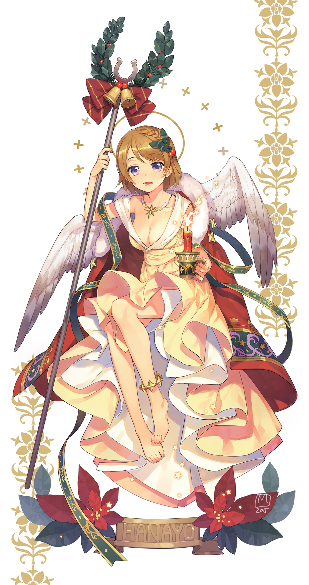 angel_wings anklet barefoot bell braid breasts brown_hair candle cleavage commentary_request full_body hair_ornament halo highres jewelry koizumi_hanayo large_breasts love_live! love_live!_school_idol_project mansu necklace open_mouth purple_eyes short_hair smile solo staff wings