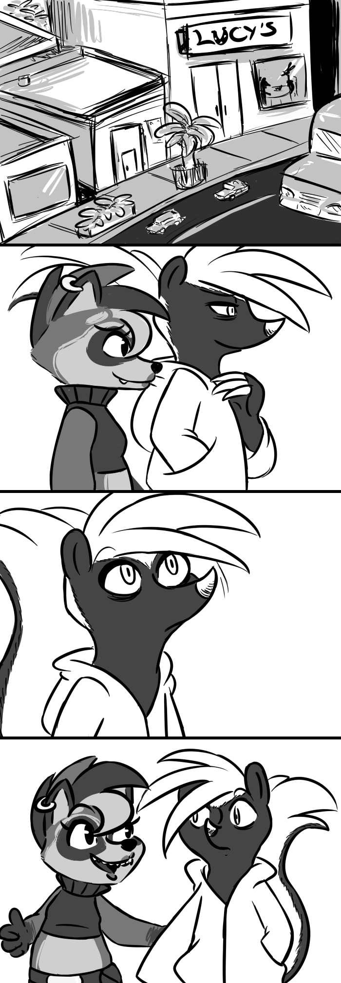 2017 anthro claws clothed clothing comic disney duo ear_piercing english_text fan_character female greyscale hoodie hugh_muskroura inkyfrog male mammal monochrome piercing raccoon restricted_palette roxy_(inkyfrog) skunk story story_in_description text zootopia