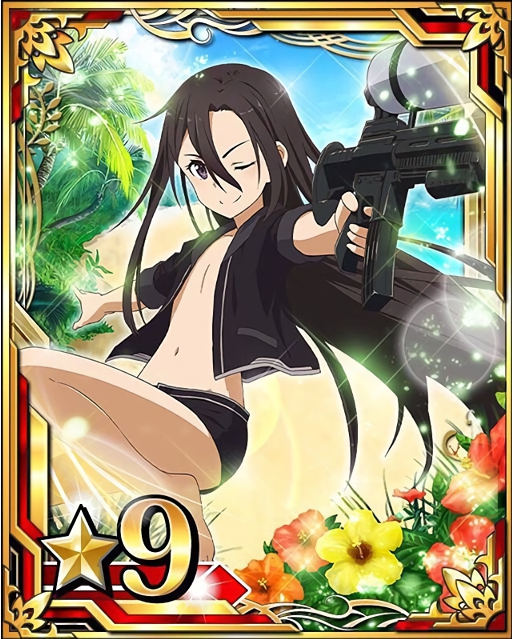 androgynous beach black_eyes black_hair black_jacket card_(medium) day flower gun hair_between_eyes hibiscus holding holding_gun holding_weapon jacket kirito_(sao-ggo) leg_up long_hair looking_at_viewer male_focus number official_art one_eye_closed open_clothes open_jacket orange_flower otoko_no_ko outdoors red_flower smile solo star swimwear sword_art_online sword_art_online:_code_register water_gun weapon yellow_flower