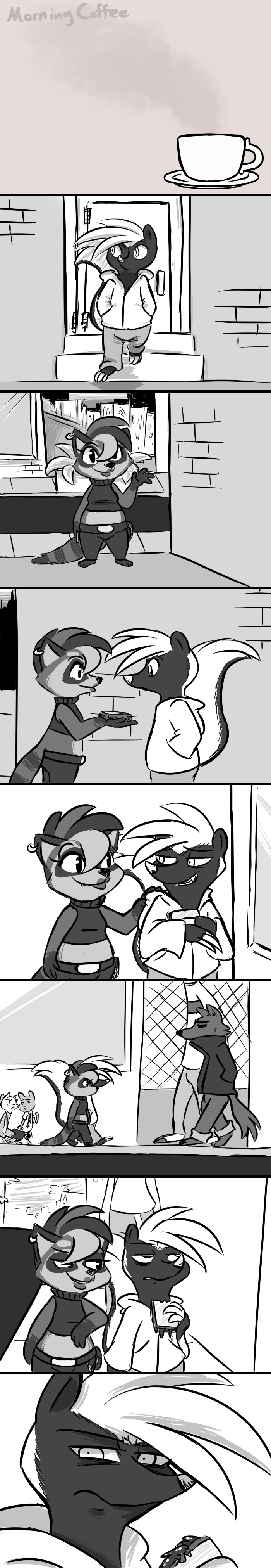 2017 anthro barefoot canine claws clothed clothing comic disney ear_piercing english_text fan_character female food greyscale group hoodie hugh_muskroura inkyfrog male mammal monochrome piercing raccoon restricted_palette roxy_(inkyfrog) sandwich_(food) skunk story story_in_description text wolf zootopia