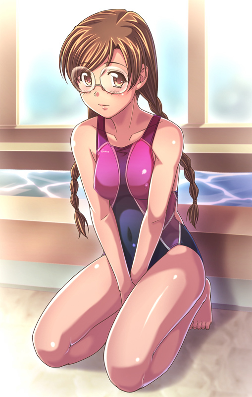 bad_id bad_pixiv_id barefoot between_thighs blush braid breasts brown_eyes brown_hair clala competition_swimsuit covered_nipples e20 glasses kneeling long_hair medium_breasts one-piece_swimsuit quiz_magic_academy solo swimsuit twin_braids twintails v_arms water