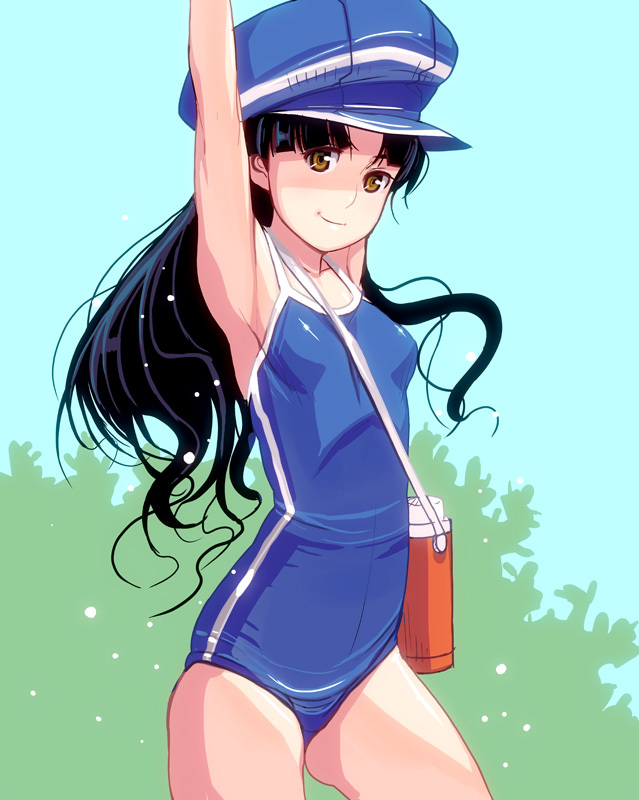 armpits arms_up bad_id bad_pixiv_id bag black_hair brown_eyes cowboy_shot girl_with_golden_shoe hat kin_no_kutsu_gin_no_kutsu long_hair masao one-piece_swimsuit original school_swimsuit smile solo swimsuit yellow_eyes