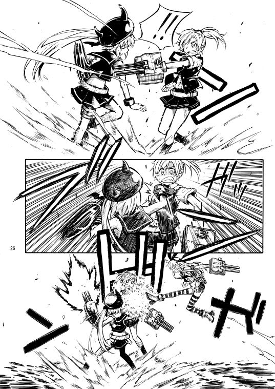 3girls angry blocking clenched_teeth comic destroyer_hime elbow_gloves firing flying_kick gloves greyscale horned_headwear kantai_collection kicking long_hair maikaze_(kantai_collection) midriff monochrome multiple_girls ocean pleated_skirt ponytail rigging school_uniform serafuku shimakaze_(kantai_collection) shinkaisei-kan shirt shirt_grab shoes short_hair short_sleeves side_ponytail skirt sleeveless sleeveless_shirt standing standing_on_liquid striped striped_legwear surprised teeth thighhighs translation_request turret vest wristband zepher_(makegumi_club)