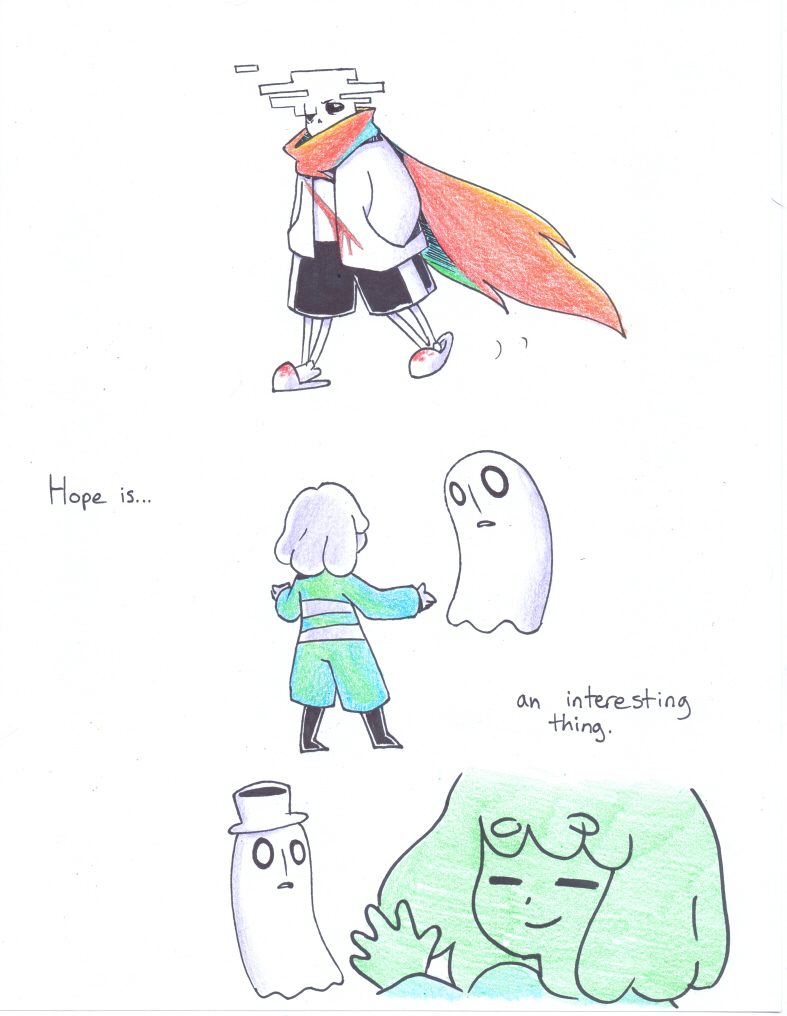 aftertale ambiguous_gender animated_skeleton blood bone clothing coat comic dialogue english_text geno_sans_(aftertale) ghost happy hat human loverofpiggies male mammal napstablook not_furry protagonist_(undertale) scarf shorts simple_background skeleton smile spirit text undead undertale video_games white_background wounded