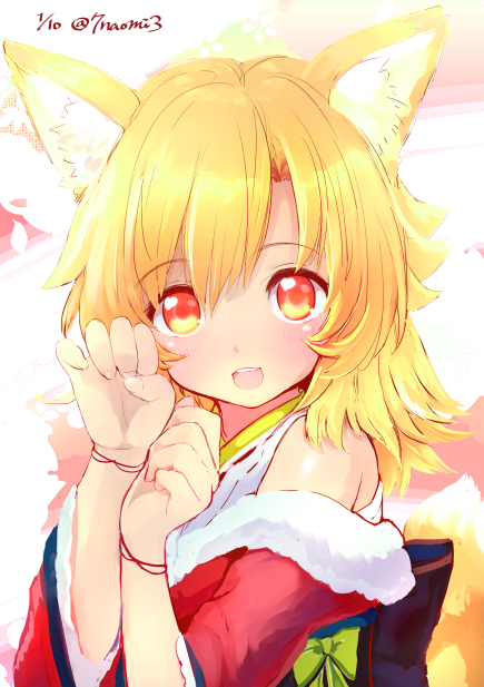 animal_ear_fluff animal_ears bare_shoulders blonde_hair blush dated fox_ears fox_tail futaba_akane heart japanese_clothes long_hair looking_at_viewer naomi_(sekai_no_hate_no_kissaten) open_mouth original paw_pose red_eyes smile solo tail twitter_username