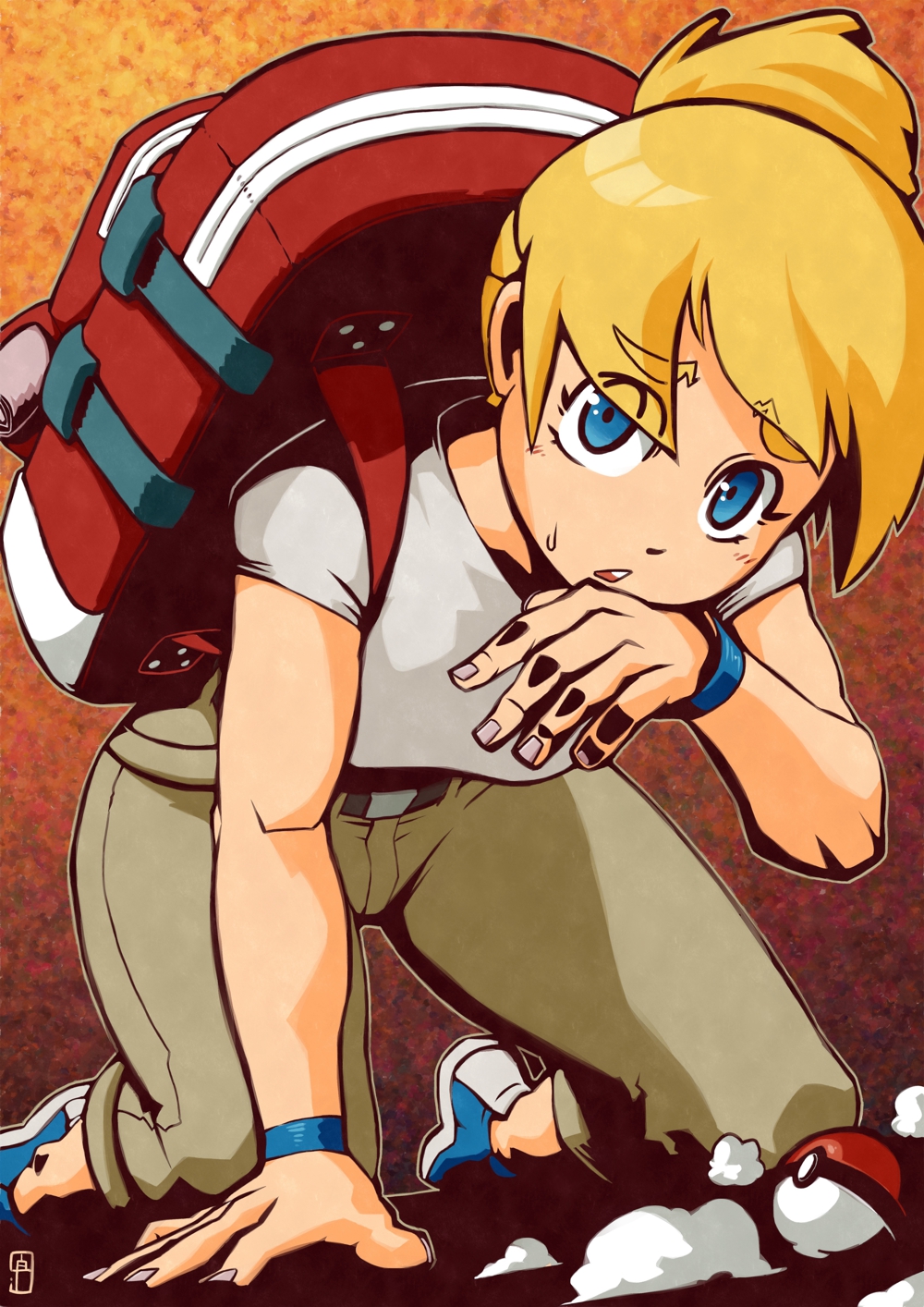 :o all_fours backpack backpacker_(pokemon) bag bangs belt black_belt blonde_hair blue_eyes blue_footwear blush breasts brown_pants chawalit_adsawawalanon eyebrows_visible_through_hair eyes_visible_through_hair high_ponytail highres looking_at_viewer medium_breasts nail_polish open_mouth outline pants pink_nails pocket poke_ball poke_ball_(generic) pokemon pokemon_(game) pokemon_sm ponytail shirt shoes short_hair short_ponytail short_sleeves sneakers solo sweat teeth triangle_mouth white_shirt wristband