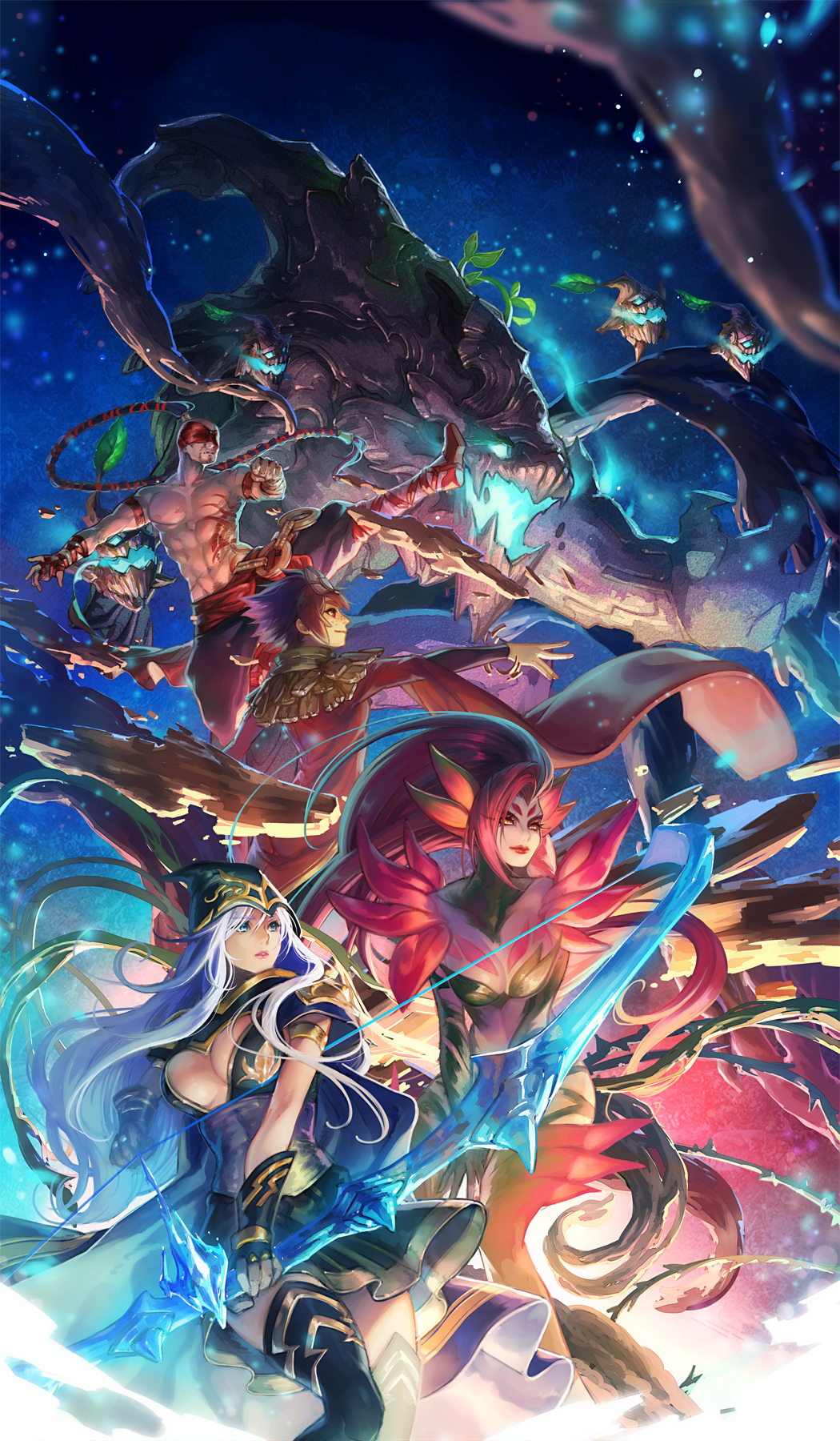 2boys 3girls armband armlet arrow ashe_(league_of_legends) bandage bandaged_hands bandaged_leg bandages black_gloves black_hair blindfold blue_eyes bow_(weapon) bracelet brown_hair cape clenched_hand eyebrows_visible_through_hair facial_hair fingerless_gloves flower gloves glowing glowing_eyes glowing_mouth highres holding holding_arrow holding_bow_(weapon) holding_weapon hood hood_up ice jewelry kicking league_of_legends lee_sin lens_flare lipstick long_hair makeup maokai moss multiple_boys multiple_girls muscle open_mouth parted_lips pink_hair pink_lips plant ponytail red_eyes red_lips red_lipstick rock sapling shirtless short_hair silver_hair skirt smile smoke taliyah tamtam_ex tattoo thighhighs thorns transparent vines weapon white_hair yellow_eyes zyra