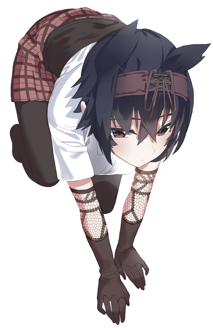 1girl all_fours black_hair black_legwear brown_eyes brown_gloves brown_skirt closed_mouth copyright_request expressionless gloves hair_flaps hairband kfr no_shoes pantyhose shirt short_hair short_sleeves simple_background skirt solo white_background white_shirt