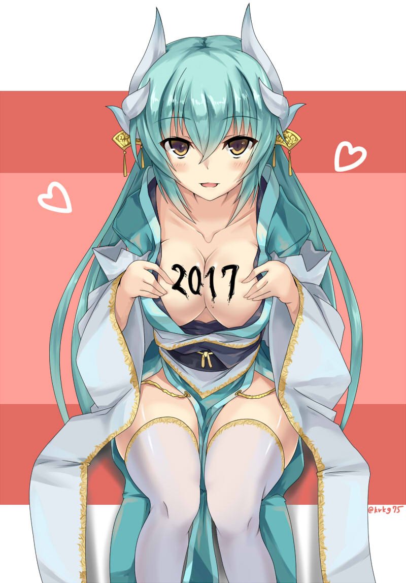 2017 aqua_hair bangs blush body_writing breasts cleavage collarbone commentary_request eyebrows_visible_through_hair fate/grand_order fate_(series) hair_between_eyes heart horns japanese_clothes kimono kiyohime_(fate/grand_order) kurokage large_breasts long_hair looking_at_viewer obi open_mouth sash sitting solo thighhighs twitter_username white_legwear wide_sleeves yellow_eyes