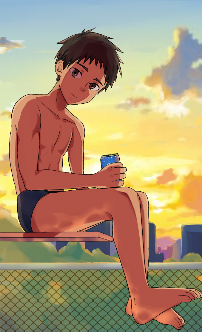 barefoot board brown_eyes brown_hair can chain-link_fence diving diving_board fence lilili looking_at_viewer male_focus male_swimwear original sitting soda_can solo swim_briefs swimwear