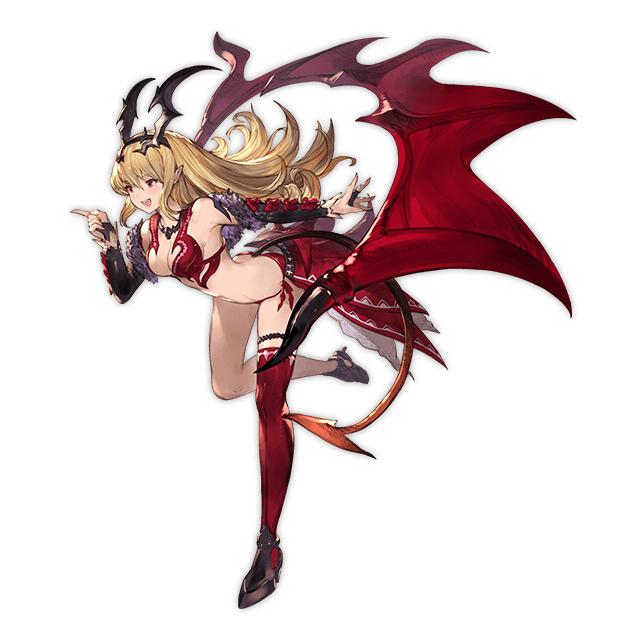 bare_shoulders blonde_hair breasts cleavage demon_tail elbow_gloves full_body fur_trim gloves granblue_fantasy hair_ornament high_heels jewelry large_breasts long_hair lord_of_vermilion lord_of_vermilion_iii milia_(lord_of_vermilion) minaba_hideo necklace open_mouth panties pointy_ears red_eyes side-tie_panties single_thighhigh single_wing smile solo tail thigh_strap thighhighs transparent_background underwear wings