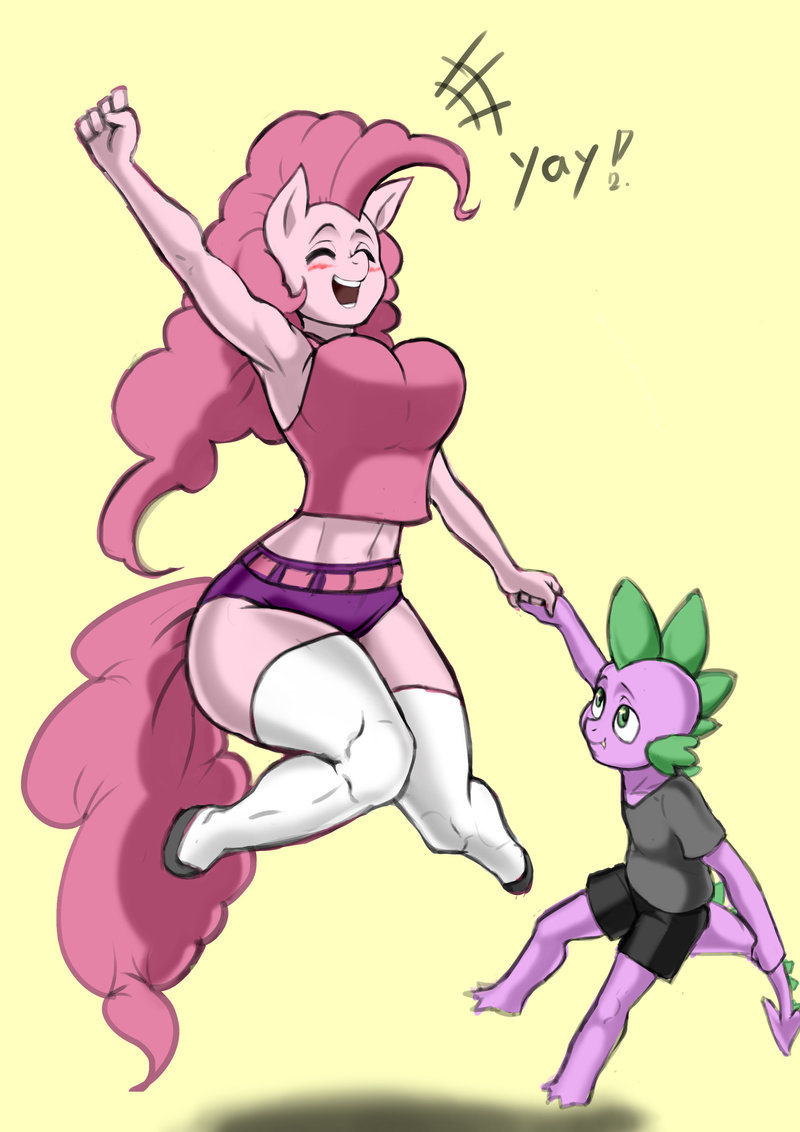 anthro anthrofied clothing equine female franschesco_(artist) friendship_is_magic hair jumping male mammal my_little_pony pinkie_pie_(mlp) smile spike_(mlp)
