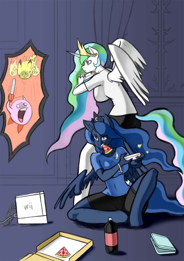 anthro anthrofied chainsaw clothing crown equine female food franschesco_(artist) friendship_is_magic game_(disambiguation) hair horn mammal my_little_pony nintendo pikachu pizza pok&eacute;mon princess_celestia_(mlp) princess_luna_(mlp) tools video_games weapon wii winged_unicorn wings