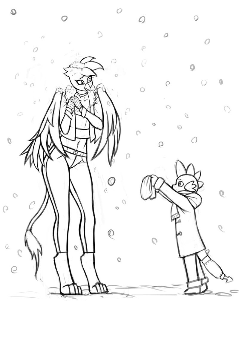 anthro anthrofied avian clothing feathers female franschesco_(artist) friendship_is_magic gilda_(mlp) gryphon hat looking_down mammal my_little_pony smile snow spike_(mlp) wings