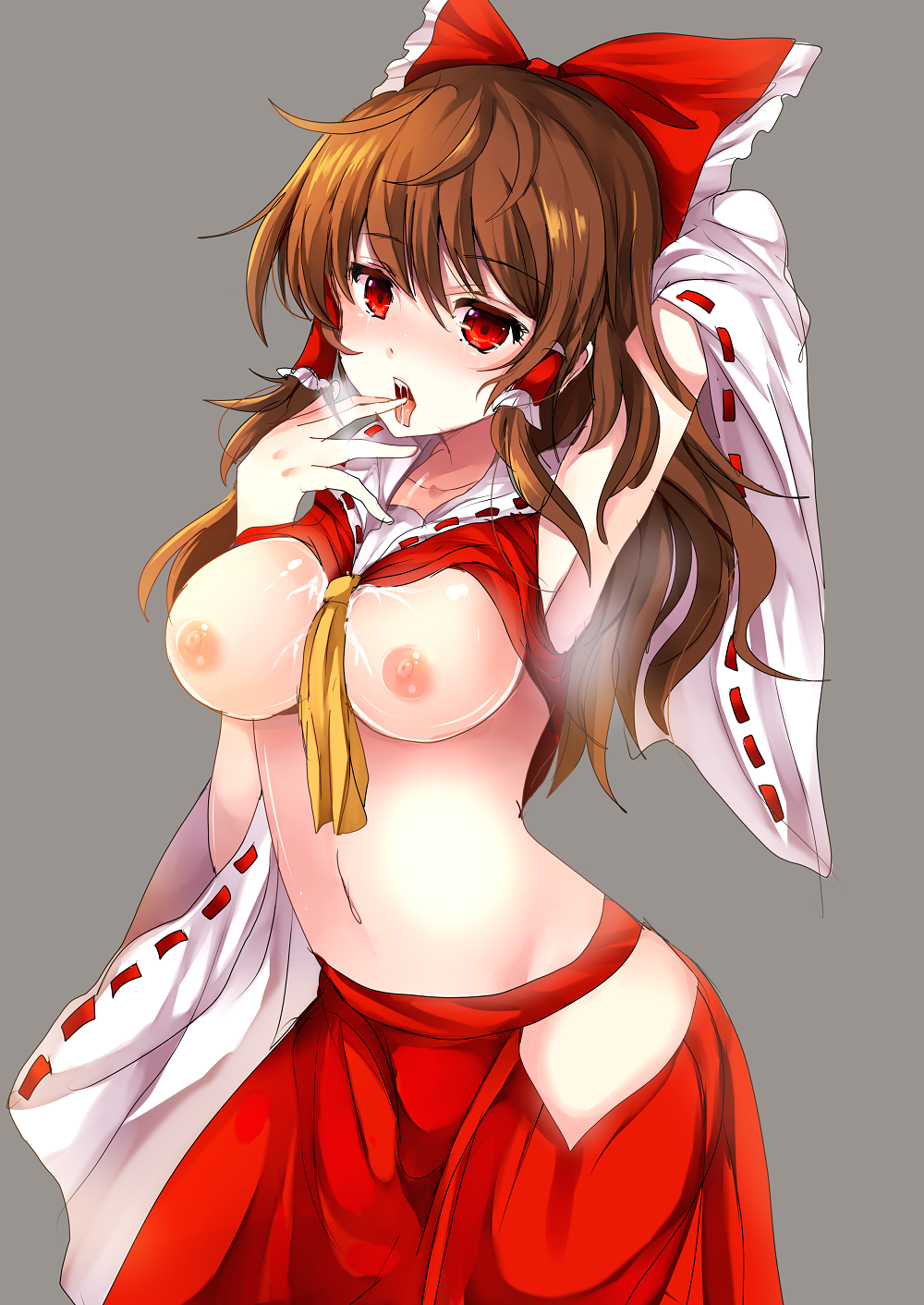 arm_up armpits ascot blush bow breasts brown_hair clothes_lift collarbone commentary_request cowboy_shot cum cum_on_body cum_on_breasts cum_on_upper_body detached_sleeves finger_licking groin hair_bow hakama hakurei_reimu heavy_breathing highres hip_vent japanese_clothes licking long_hair long_sleeves looking_at_viewer medium_breasts navel nipples nontraditional_miko nose_blush red_bow red_eyes red_hakama ribbon-trimmed_sleeves ribbon_trim saliva sameya sidelocks smell solo stomach tears tongue tongue_out touhou wide_sleeves