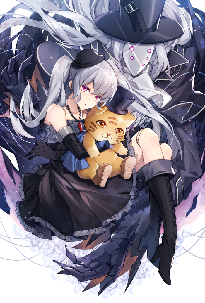 1girl bare_shoulders black_footwear black_gloves boots chains doll_joints dress elbow_gloves expressionless flower frilled_dress frills gloves granblue_fantasy hair_between_eyes hat high_heel_boots high_heels hizuki_miya jewelry knee_boots lloyd_(granblue_fantasy) long_hair looking_at_viewer mini_hat necklace orchis pendant puppet purple_eyes rose silver_hair string stuffed_animal stuffed_cat stuffed_toy top_hat twintails white_flower white_rose