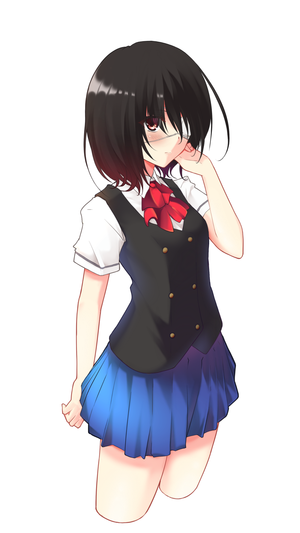 another bad_id bad_pixiv_id black_hair blue_skirt brown_eyes cropped_legs eyepatch hand_in_hair highres misaki_mei pleated_skirt short_hair skirt solo transparent_background wish_white