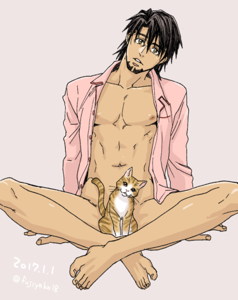 1boy barefoot bottomless cat kaburagi_t_kotetsu looking_at_viewer male_focus muscle sitting tiger_&amp;_bunny undressing