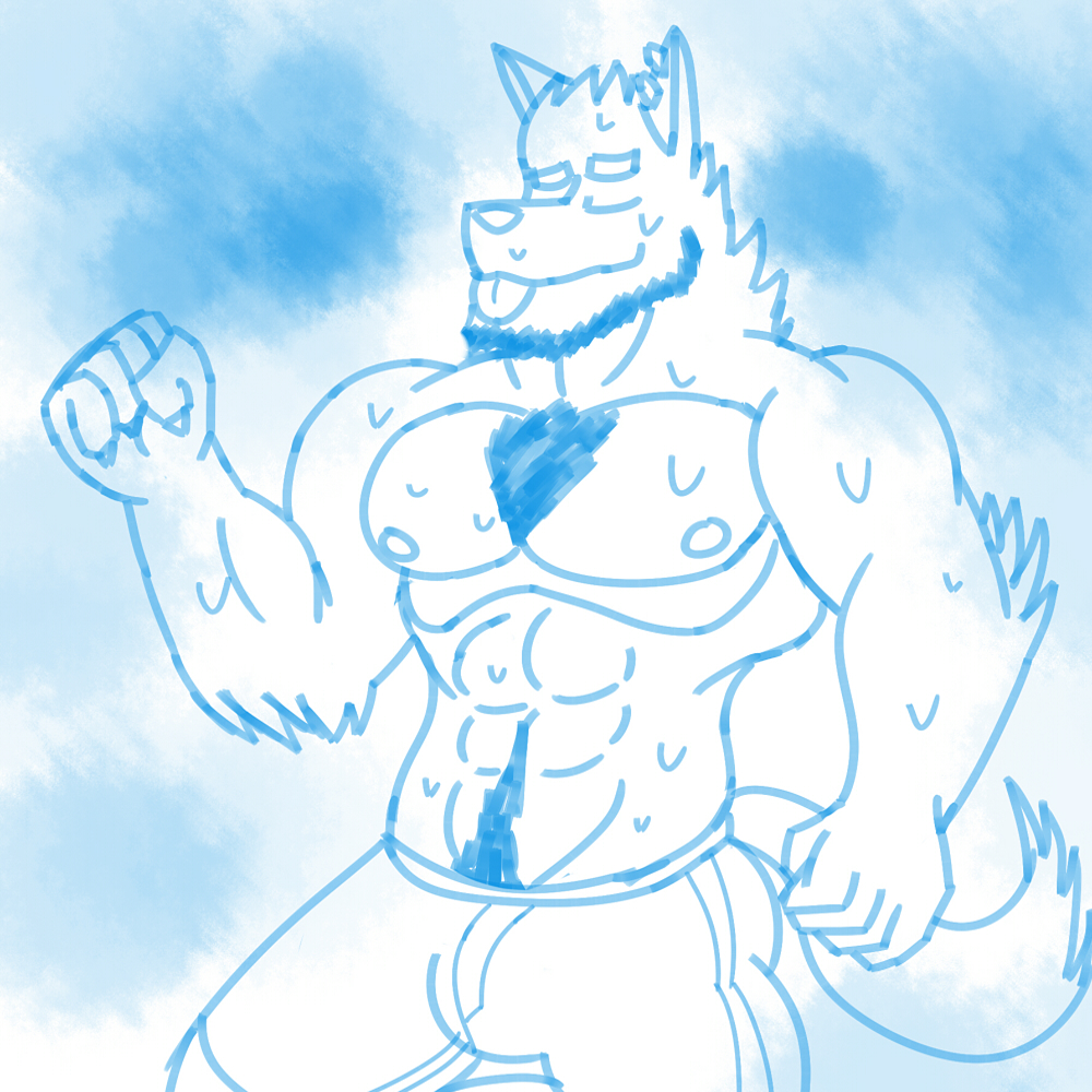 abs anthro biceps canine clothing facial_hair father fur lucas(urbanmonster) male mammal muscular nipples parent pecs simple_background smile solo urbanmonster wolf