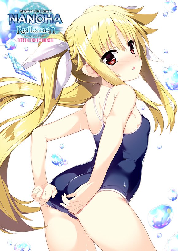 1girl adjusting_clothes adjusting_swimsuit arched_back ass bare_arms blonde_hair blue_swimsuit blush commentary_request fate_testarossa from_behind fujima_takuya hair_ribbon long_hair looking_at_viewer looking_back lyrical_nanoha mahou_shoujo_lyrical_nanoha official_art one-piece_swimsuit open_mouth red_eyes ribbon school_swimsuit shiny shiny_hair shiny_skin solo standing swimsuit twintails very_long_hair white_background