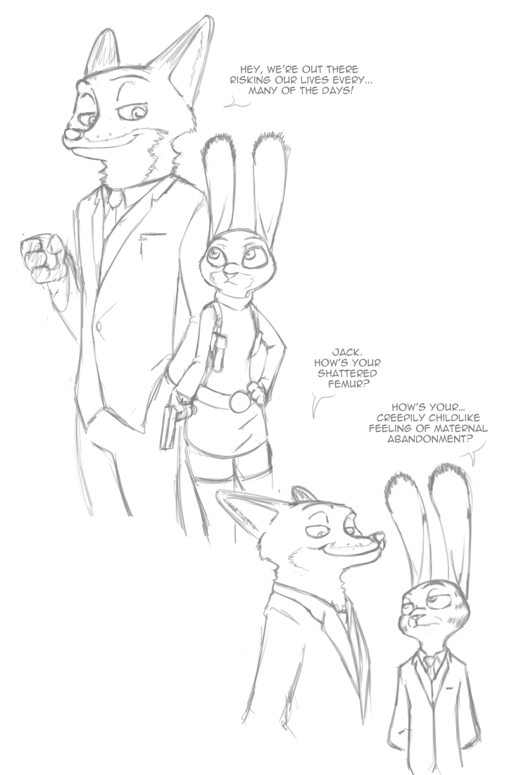 2017 akiric anthro archer_(series) black_and_white canine clothed clothing crossover dialogue disney english_text female fox group gun hand_on_hip handgun holding_object holding_weapon jack_savage judy_hopps lagomorph male mammal monochrome nick_wilde pistol rabbit ranged_weapon simple_background smile suit text weapon white_background zootopia