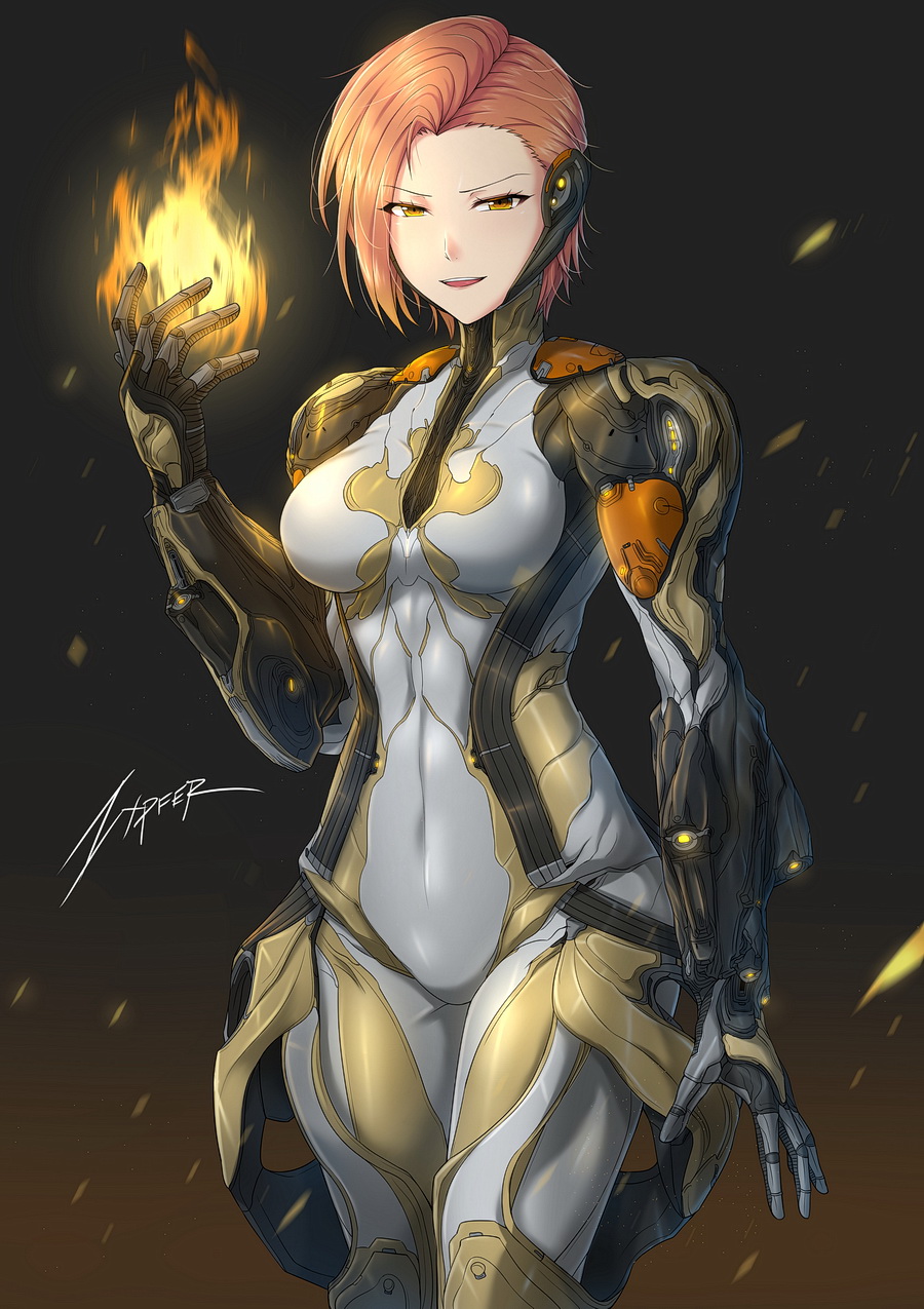 &gt;:) 1girl artist_name bodysuit breasts brown_hair commentary cowboy_shot ember_(warframe) english_commentary eyebrows_visible_through_hair fire flame highres humanization looking_at_viewer medium_breasts orange_hair power_suit short_hair simple_background smile solo upper_teeth warframe yellow_eyes zxpfer