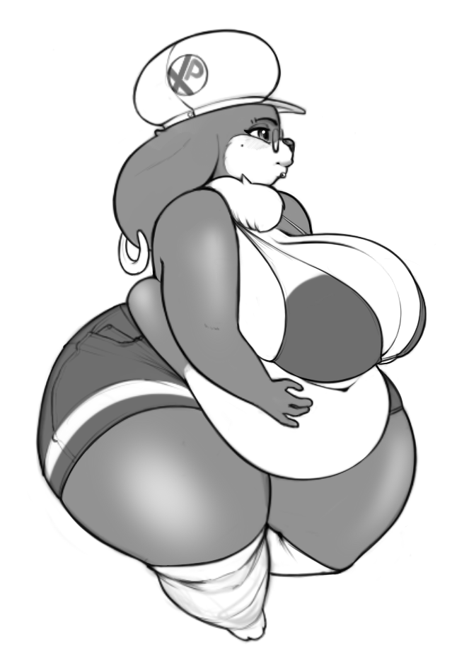 anthro big_breasts bikini bikini_top breasts canine clothing conditional_dnp dog ear_piercing eyewear facial_piercing female glasses greyscale hat huge_breasts lip_piercing mammal monochrome obese overweight piercing solo swimsuit thick_thighs xopachi