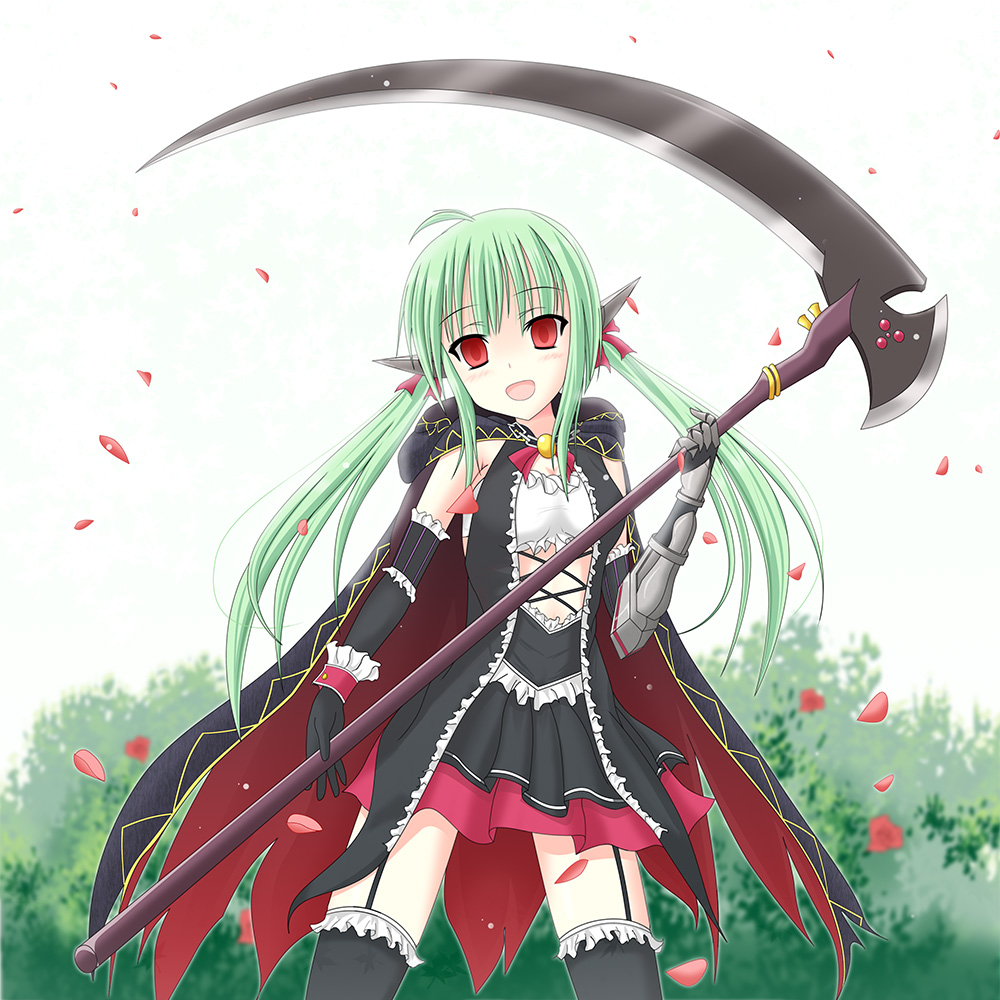 battle_girl_high_school cape empty_eyes green_hair long_hair looking_at_viewer red_eyes sadokurone sadone scythe solo thighhighs twintails weapon