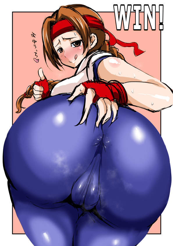 1girl :d anus ass ass_grab bare_shoulders blush braid breasts brown_eyes brown_hair cameltoe come_hither deep_skin fingerless_gloves from_behind gloves headband huge_ass king_of_fighters leaning leaning_forward long_hair looking_at_viewer naughty_face pants pussy_juice ryuuko_no_ken shiny shiny_clothes shiny_hair shiny_skin sideboob single_braid smell smile snk solo spandex sweat the_king_of_fighters thumbs_up tight tight_pants translation_request yuri_sakazaki
