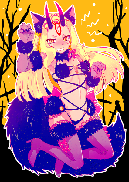 animal_ears blonde_hair blush boots bow cosplay dangerous_beast elbow_gloves embarrassed facial_mark fangs fate/grand_order fate_(series) flat_chest full-face_blush fur-trimmed_gloves fur-trimmed_legwear fur_trim gloves halloween halloween_costume high_heel_boots high_heels hizuki_mai horns ibaraki_douji_(fate/grand_order) lace lace-trimmed_thighhighs long_hair mash_kyrielight mash_kyrielight_(cosplay) o-ring o-ring_top oni oni_horns open_mouth panties purple_gloves purple_legwear red_bow revealing_clothes solo tail tears thigh_boots thighhighs underwear wolf_ears wolf_tail yellow_eyes