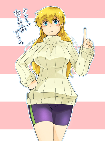 1girl blonde_hair blue_eyes blush bodysuit bodysuit_under_clothes breasts closed_mouth commentary_request eyebrows_visible_through_hair fuurinji_miu hair_down hand_on_hip hand_up hannpen5500 hat index_finger_raised long_hair looking_at_viewer medium_breasts pout ribbed_sweater shijou_saikyou_no_deshi_ken'ichi solo standing straw_hat striped striped_background sweater translation_request turtleneck turtleneck_sweater v-shaped_eyebrows yellow_sweater