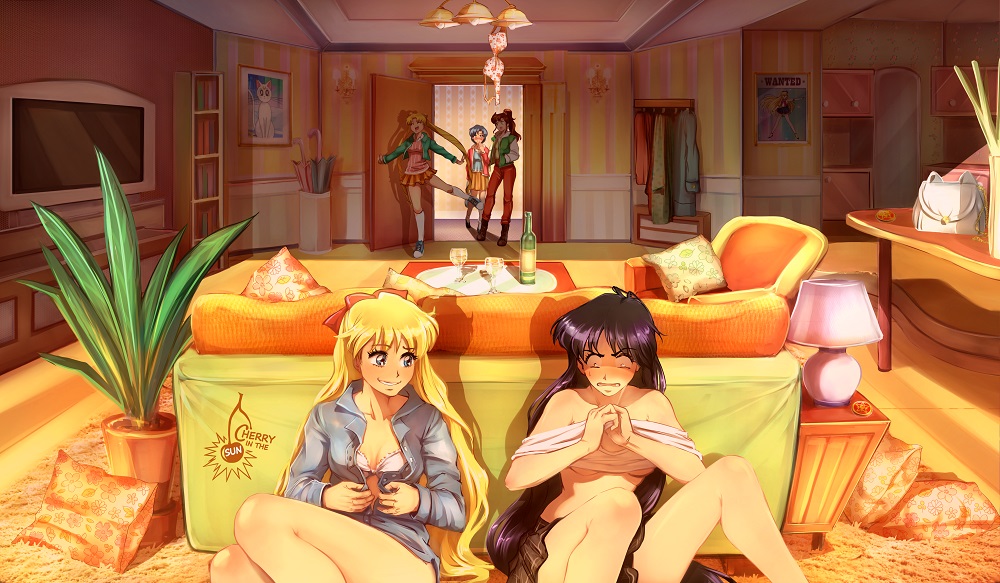 aino_minako artemis_(sailor_moon) artist_logo artist_name bag bangs bishoujo_senshi_sailor_moon black_hair black_skirt blonde_hair blush bookshelf bottle bra bra_removed breasts brown_hair carpet ceiling_light chair cherry_in_the_sun closed_umbrella coat coat_rack commentary couch cup dress_shirt dressing drinking_glass english_commentary floral_print grey_shirt grin hair_ribbon handbag hiding hino_rei indoors kino_makoto knees_up lamp living_room long_hair long_sleeves looking_at_another medium_breasts miniskirt mizuno_ami multiple_girls nervous no_pants on_floor partially_undressed photo_(object) pillow plant ponytail poster_(object) potted_plant ribbon shirt sitting skirt smile standing standing_on_one_leg table television tsukino_usagi twintails umbrella unbuttoned underboob underwear very_long_hair walk-in wine_bottle wine_glass yuri