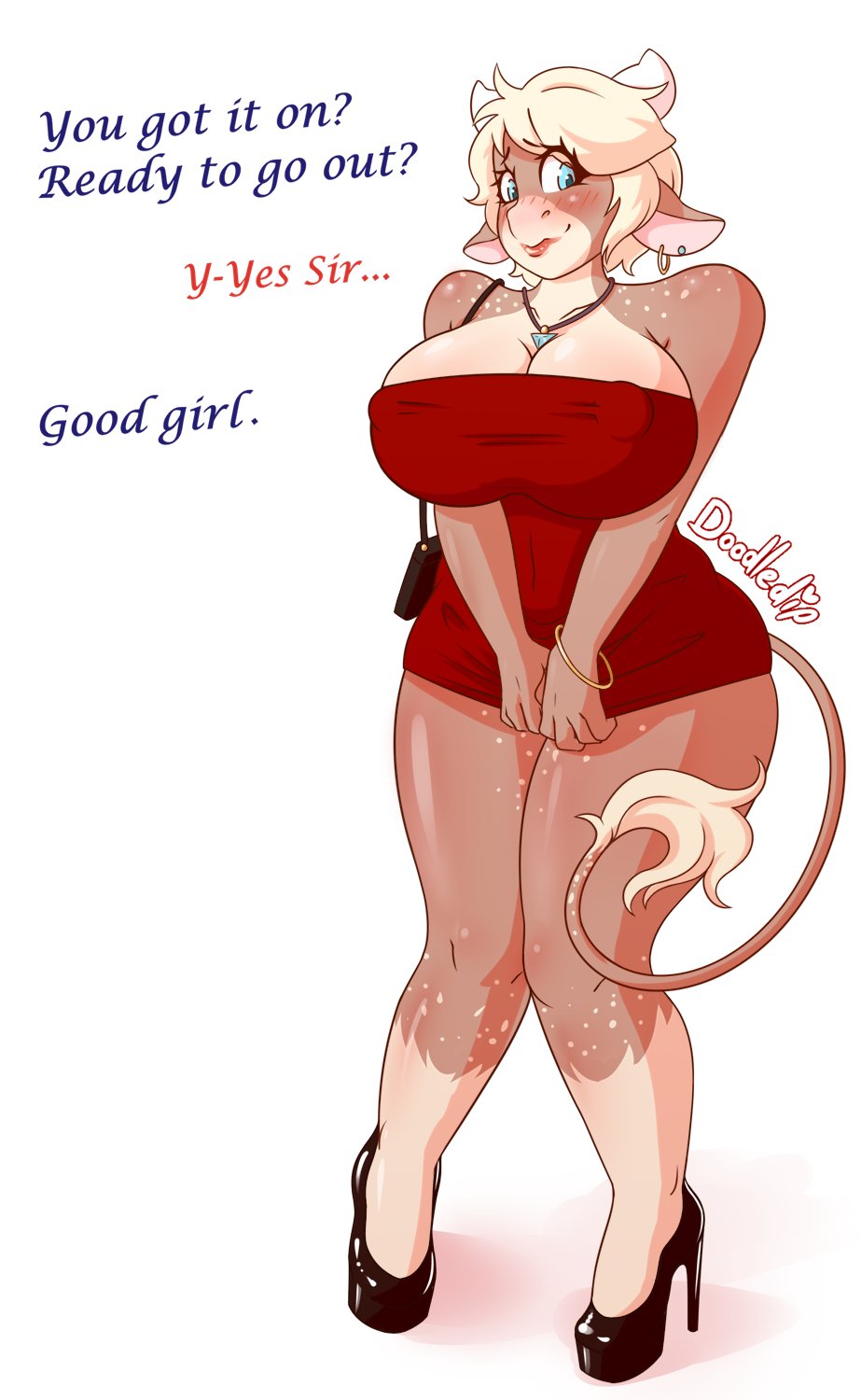 anthro big_breasts blush bovine breasts butt clothed clothing digital_media_(artwork) doodle_dip ear_piercing female footwear fur hair horn huge_breasts mammal momo_(doodle_dip) nipples piercing shoes simple_background smile solo standing text thick_thighs tight_dress voluptuous wide_hips