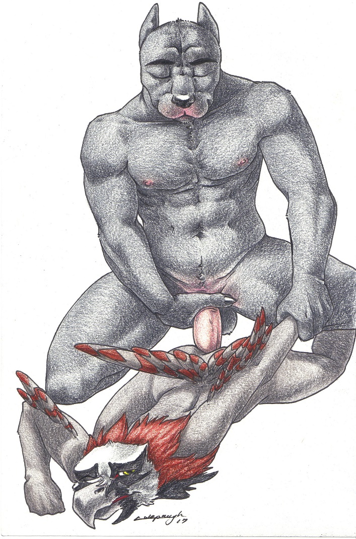 anal avian balls bearded_vulture bird cane_corso canine diesel duo erection hybrid looking_down male male/male mammal muriat muscular nipples penis sex sinistervibe traditional_media_(artwork) vulture