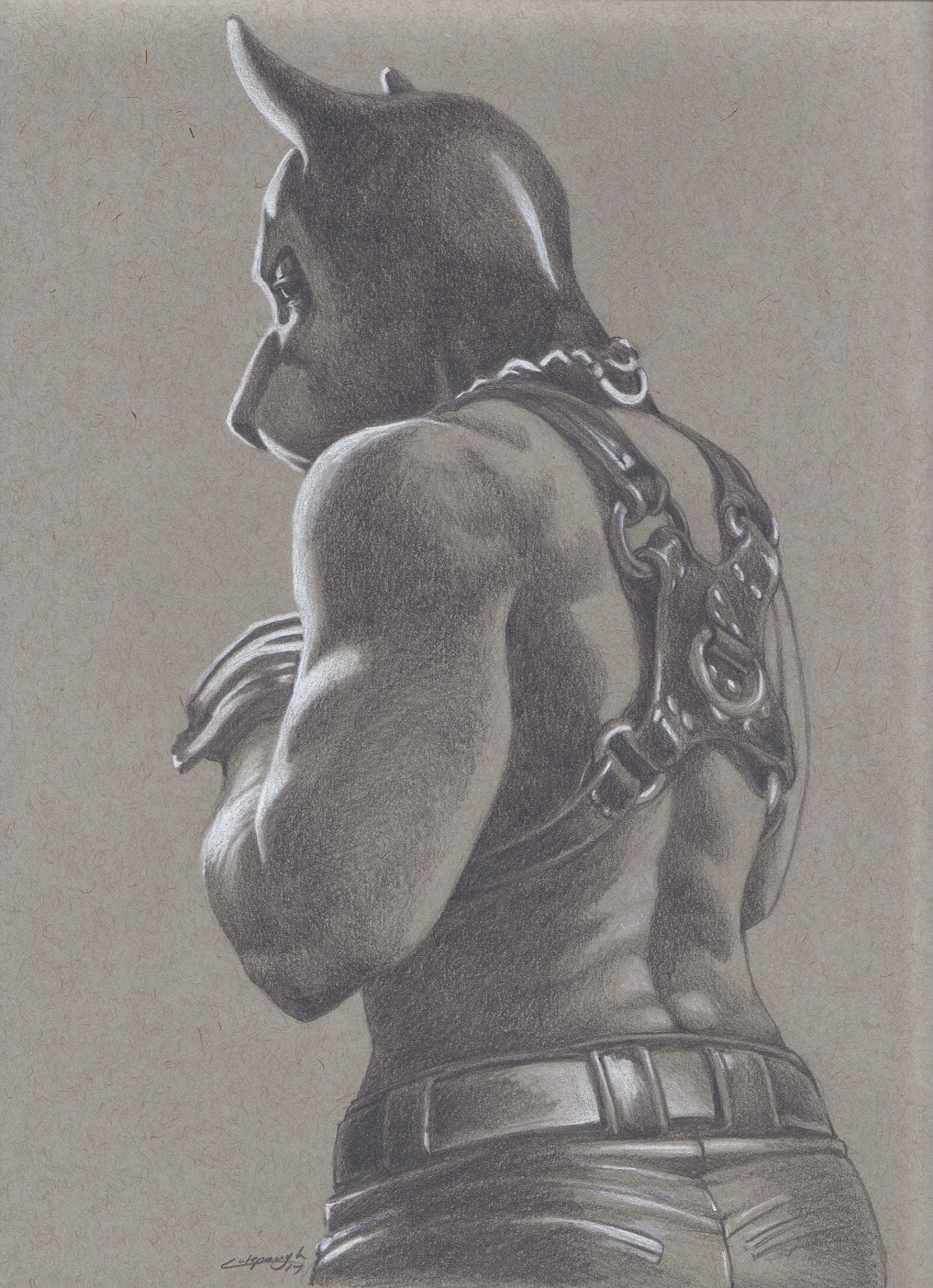 bdsm canine chain clothed clothing cub dog gloves harness invalid_tag looking_back male mammal mask muscular petplay portrait puppyplay roleplay sinistervibe solo topless traditional_media_(artwork) young