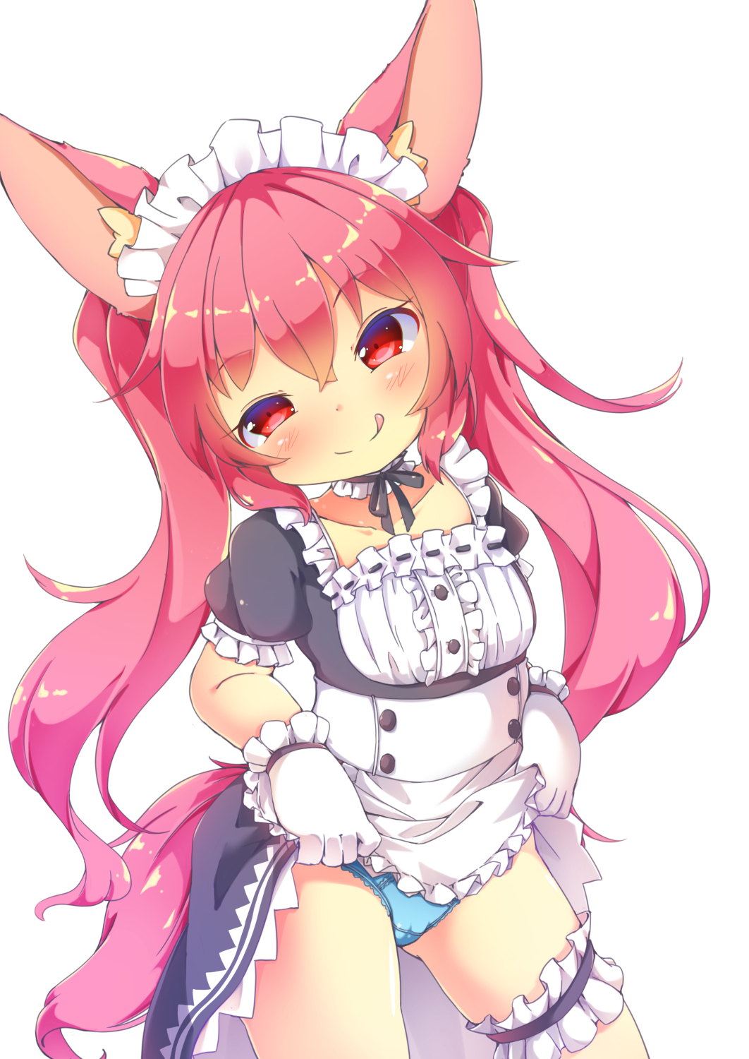 :p animal_ears apron blue_panties dog_ears dress dress_lift elin_(tera) gloves highres kt_cano lifted_by_self long_hair maid naughty_face panties pink_eyes pink_hair smile solo tail tera_online tongue tongue_out twintails underwear
