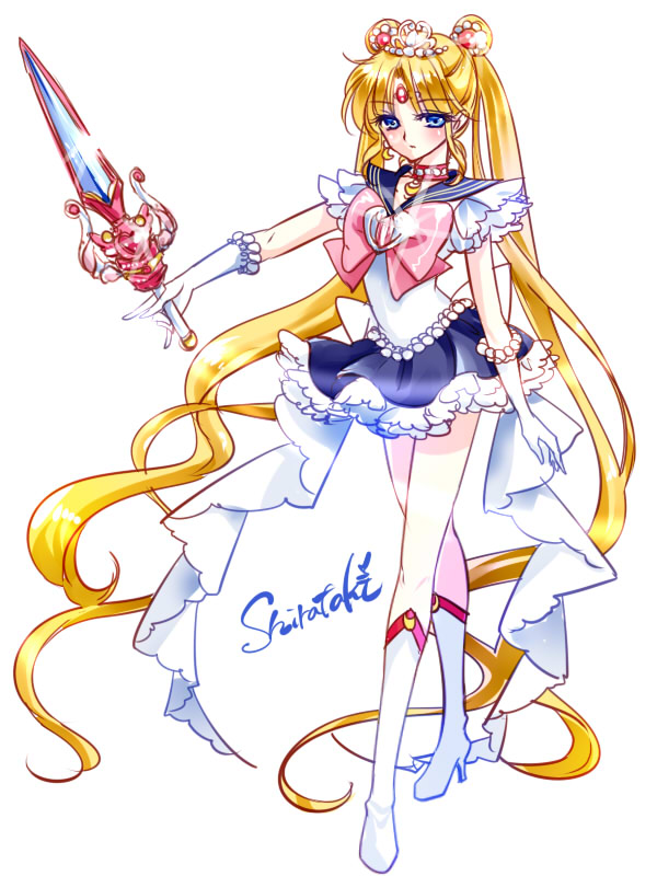 absurdly_long_hair bishoujo_senshi_sailor_moon blonde_hair blue_eyes blue_sailor_collar blue_skirt boots bow brooch choker closed_mouth crown double_bun expressionless frills full_body gloves hair_ornament hairpin holding holding_sword holding_weapon jewelry knee_boots long_hair magical_girl pink_bow princess_sailor_moon princess_sword red_choker sailor_collar sailor_moon sailor_senshi_uniform shirataki_kaiseki skirt solo standing sword tsukino_usagi twintails very_long_hair weapon white_background white_bow white_footwear white_gloves