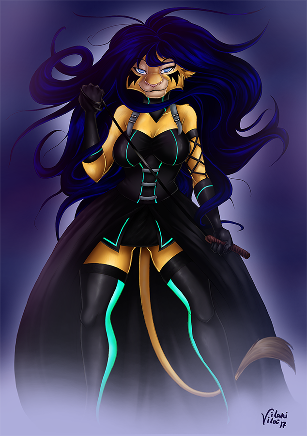 2017 abstract_background anthro black_hair blue_eyes breasts cleavage clothed clothing collar conditional_dnp dark_vilani dominatrix elbow_gloves feline female gloves hair half-closed_eyes holding_object legwear lion long_hair looking_at_viewer mammal skirt smile solo tail_tuft thigh_highs tuft vilani whip