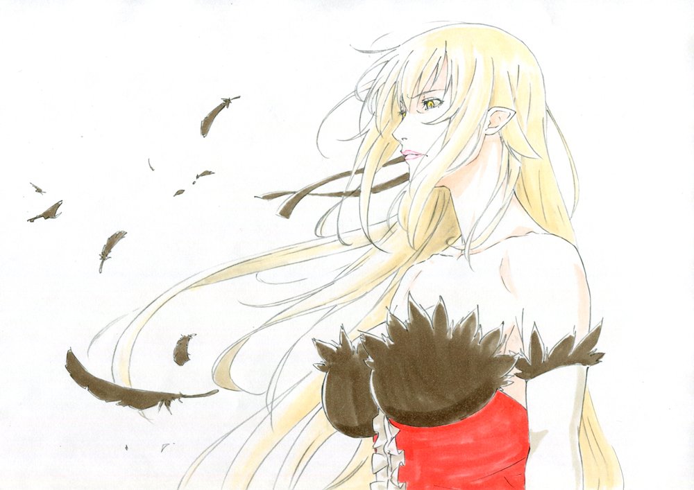 bare_shoulders blonde_hair breasts dress elbow_gloves feathers gloves hair_ribbon iyakun kiss-shot_acerola-orion_heart-under-blade kizumonogatari large_breasts long_hair looking_afar monogatari_(series) pointy_ears red_dress ribbon simple_background solo white_background yellow_eyes