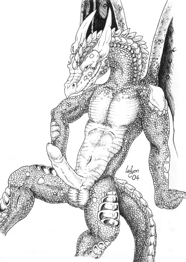 2004 anthro balls dragon erection horn icelyon male navel penis scalie smile solo western_dragon wings