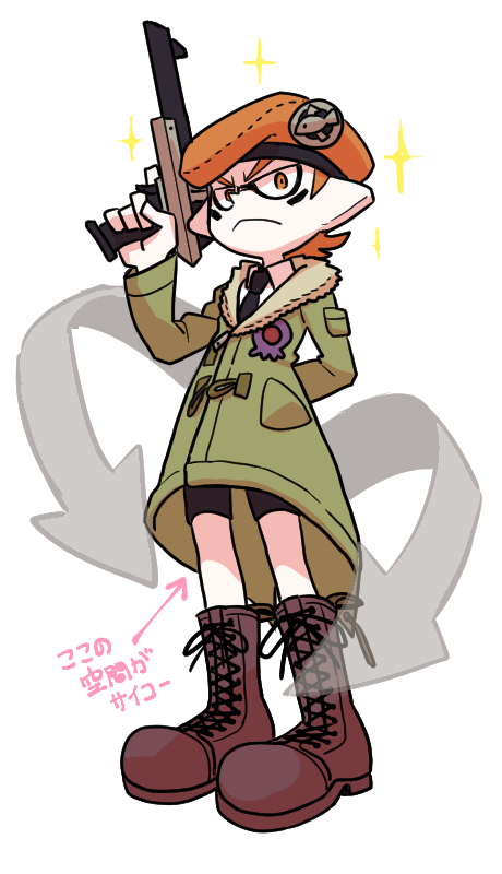 army-kun_(splatoon) beret black_neckwear black_shorts boots brown_footwear closed_mouth colk_(colk_com) cross-laced_footwear domino_mask dress_shirt echolocator_(splatoon) facepaint full_body green_coat hat holding holding_weapon inkling looking_at_viewer male_focus mask n-zap_(splatoon) necktie orange_eyes orange_hair pointy_ears serious shirt shorts solo sparkle splatoon_(manga) splatoon_(series) splatoon_1 standing tentacle_hair translated weapon white_background white_shirt