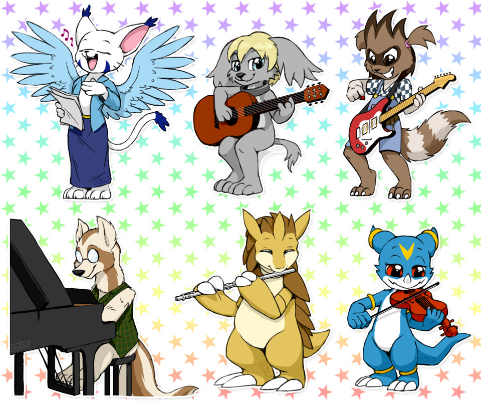 bow_(stringed_instrument) canine cat clothed clothing collar digimon dragon drjavi eyes_closed feathers feline female ferret flute fur gatomon gazimon guitar holding_musical_instrument holding_object jewelry looking_at_viewer male mammal musical_instrument mustelid nintendo open_mouth piano playing_music playing_piano playing_violin pok&eacute;mon raccoon sandslash scalie simple_background sitting smile veemon video_games violin white_fur wings