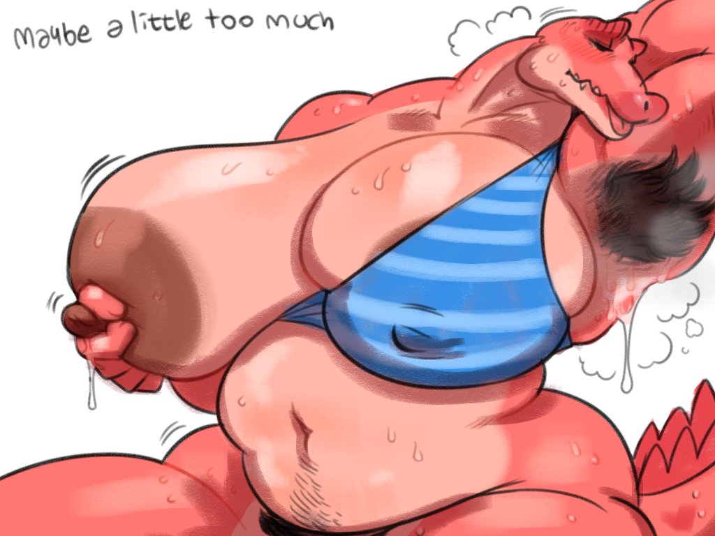 anthro big_breasts bikini blush breasts clothing crocodile crocodilian female fondling huge_breasts hyper martha_(roly) nipples overweight pubes reptile roly scalie smell sniffing sweat swimsuit tiny_head