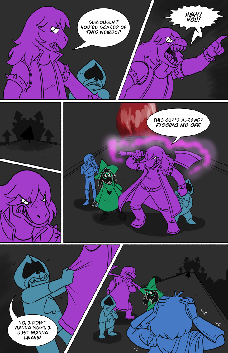 2018 anthro black_fur caprine clothed clothing comic darkner deltarune dialogue digital_media_(artwork) english_text eyewear female fur glasses goat hair hat human humanoid kris_(deltarune) lancer_(deltarune) lynxgriffin male mammal ralsei reptile scalie scarf simple_background spades suit_symbol susie_(deltarune) teeth text video_games