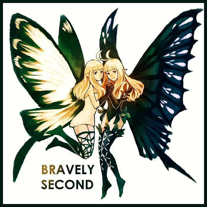 2girls aerie_(bravely_default) anne_(bravely_second) antenna_hair artist_request bare_shoulders black_gloves black_legwear black_leotard blonde_hair bravely_default:_flying_fairy bravely_default_(series) bravely_second:_end_layer brown_eyes butterfly_wings copyright_name dress elbow_gloves fairy fairy_wings from_side gloves hand_holding legs_up leotard long_hair looking_at_viewer multiple_girls pointy_ears short_dress short_hair simple_background sketch smile source_request strapless strapless_dress thighhighs white_background white_dress wings