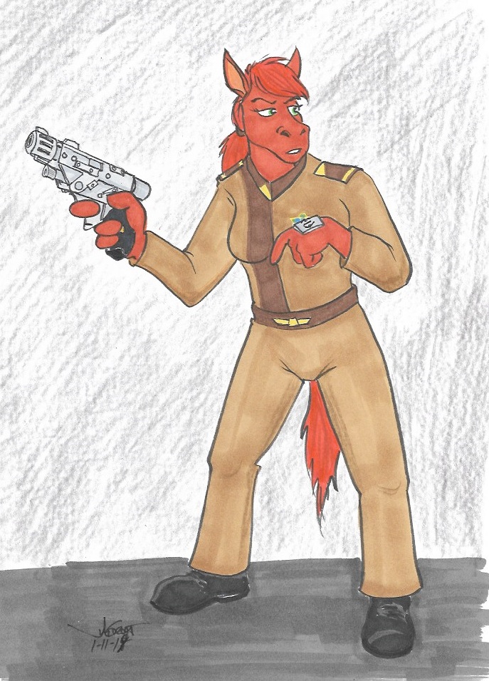 2018 anthro babylon_5 clothing equine female footwear green_eyes gun hair holding_object holding_weapon horse looking_back mammal open_mouth ponytail ppg rabbi-tom ranged_weapon red_hair red_shetland shoes simple_background solo standing uniform weapon