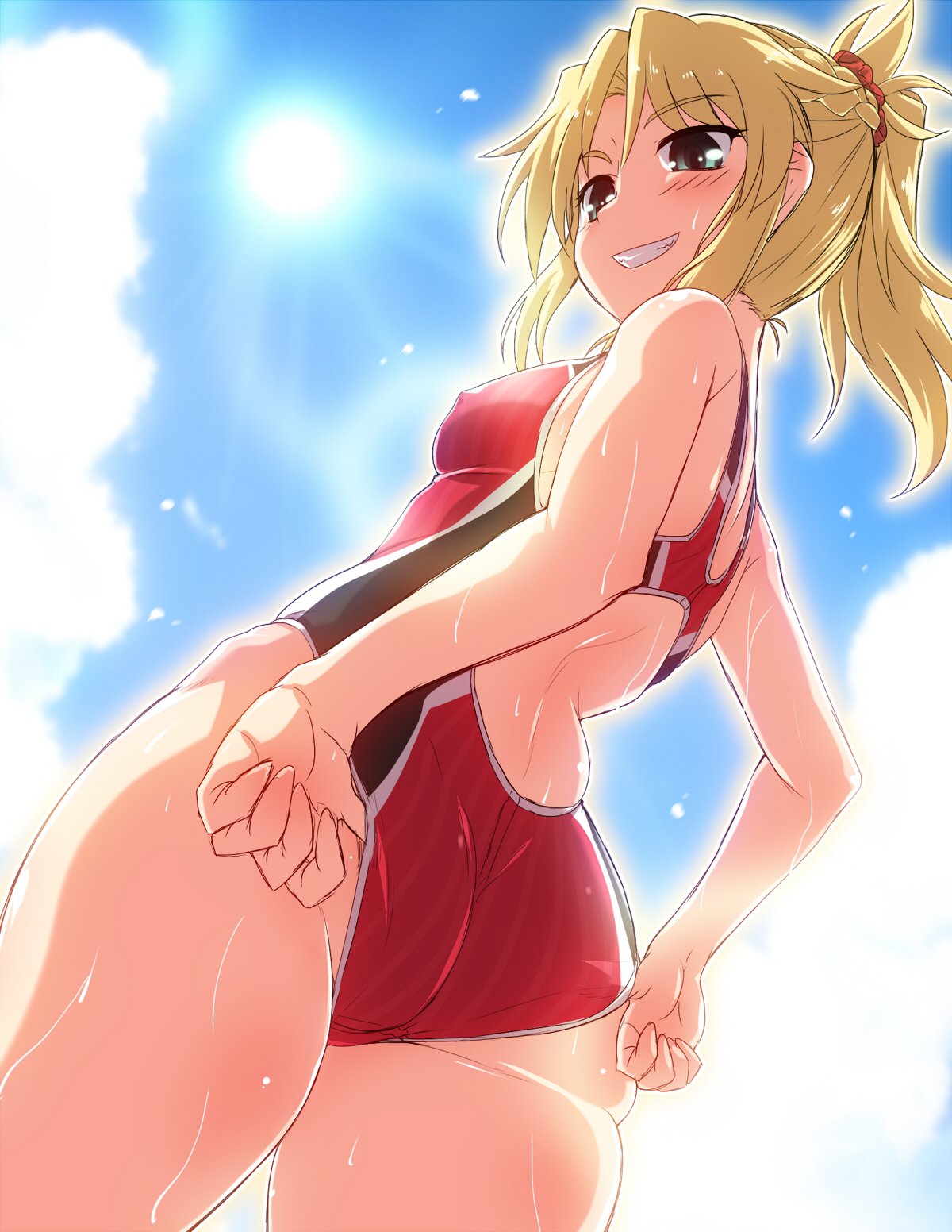 1girl adjusting_clothes adjusting_swimsuit blonde_hair blue_sky cloud commentary_request competition_swimsuit cowboy_shot day erect_nipples fate/grand_order fate_(series) from_below green_eyes grin highres long_hair mordred_(fate)_(all) one-piece_swimsuit outdoors ponytail red_swimsuit sky smile solo standing sun swimsuit yoshi_tama